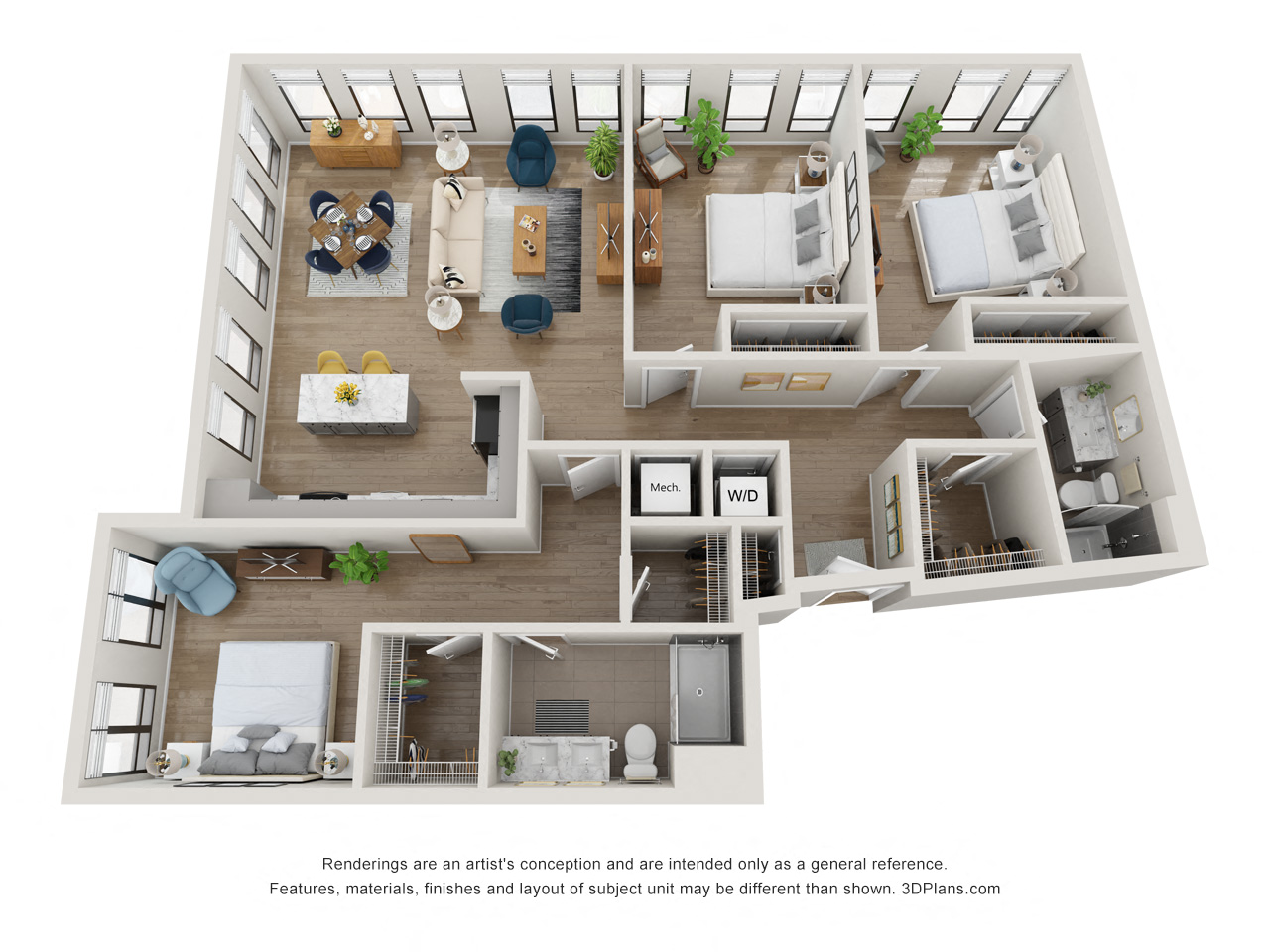 Floor plan for 3 beds, 2 baths, 1440 sqft